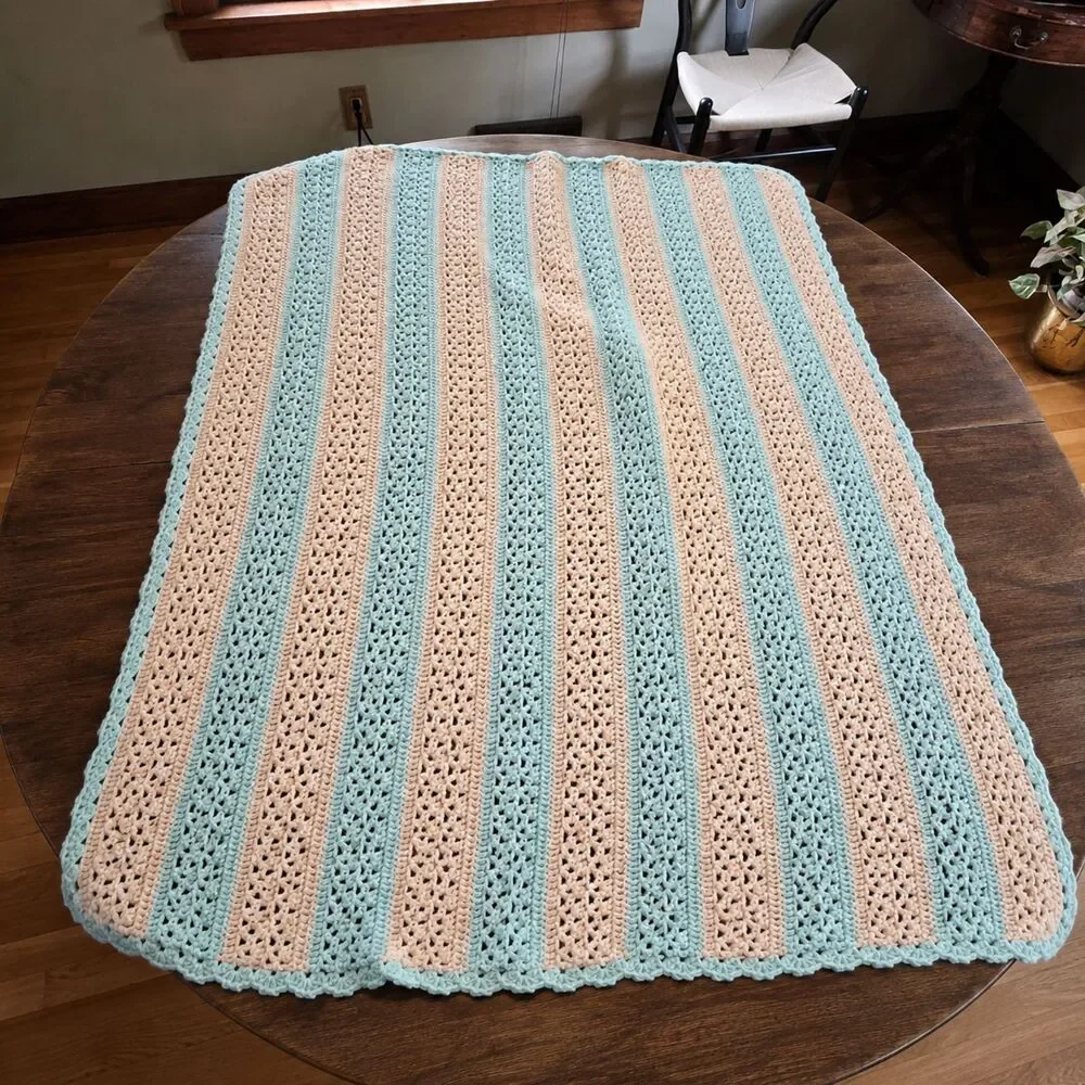 Handmade Crochet Throw Blanket Seafoam Green Orange 38